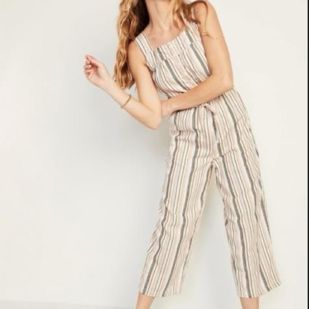 Old Navy Cream Striped Wide-Leg Jumpsuit